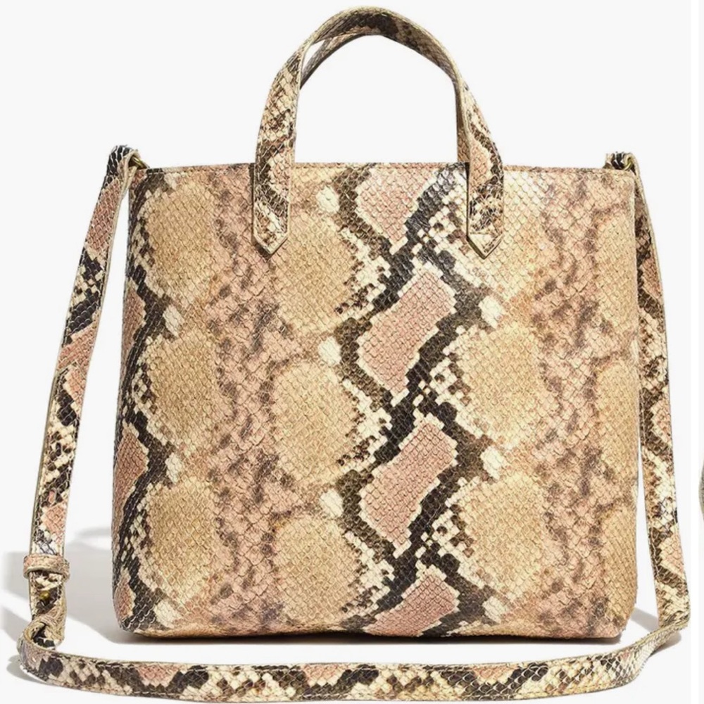 Madewell The Zip-Top Transport tote, featuring a snake-embossed leather finish